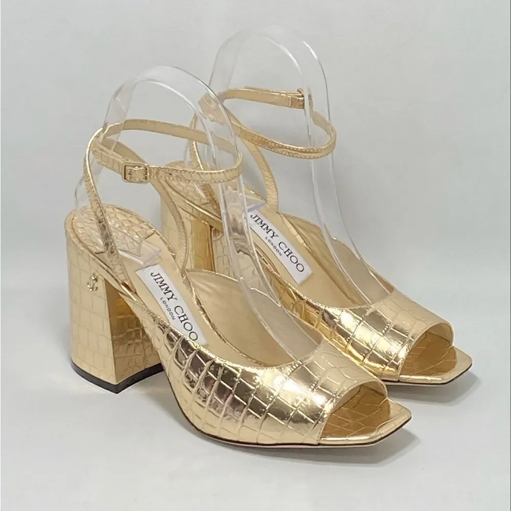 Jimmy Choo Jassidy Croc-Embossed Metallic Leather Sandals size 37.5